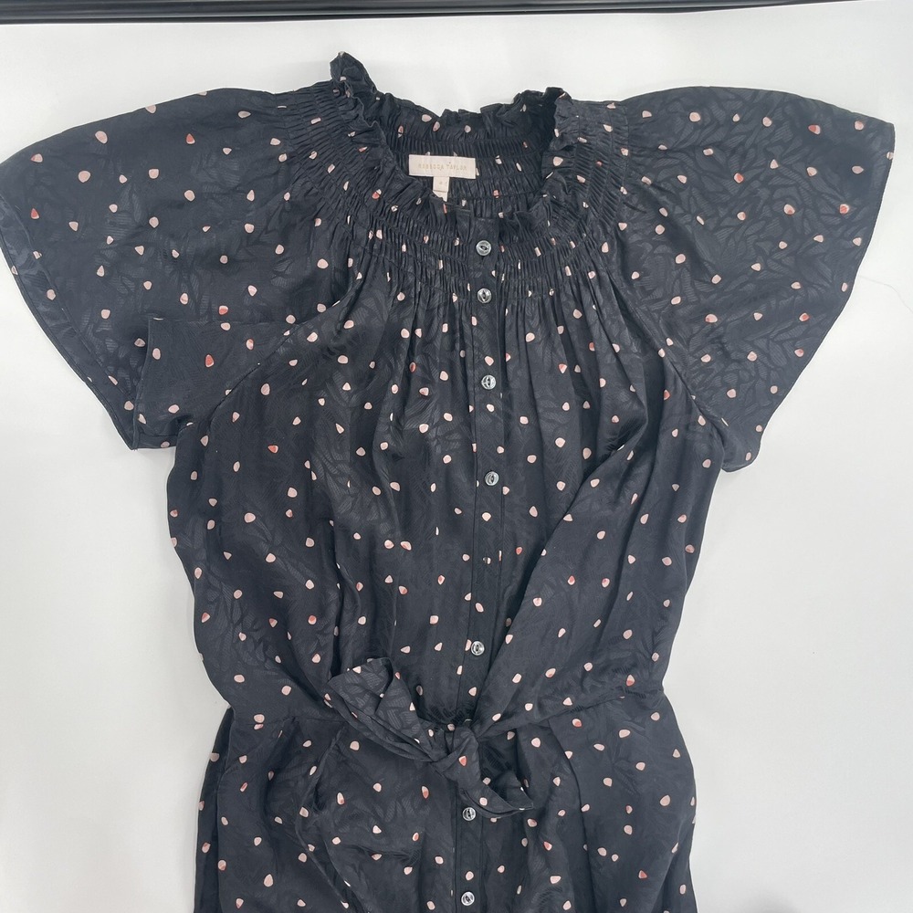 Rebecca Taylor 100% Silk Size 4 Black Pink Wide Leg Tie Waist Button Up Romper